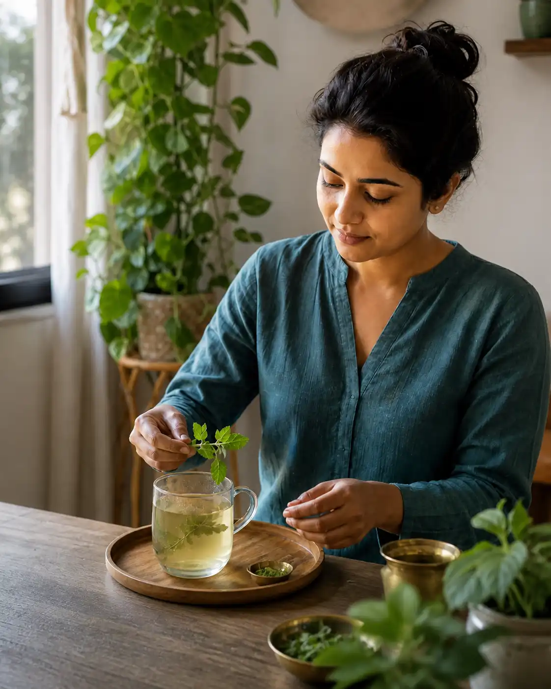 A mindful morning routine with tulsi infusion, amla and ginger