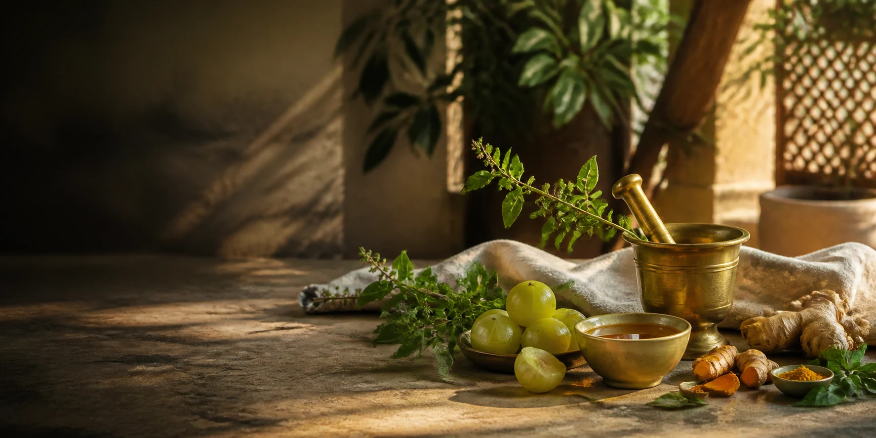 Tulsi, amla, turmeric and traditional brass tools in a modern Ayurvedic wellness setting