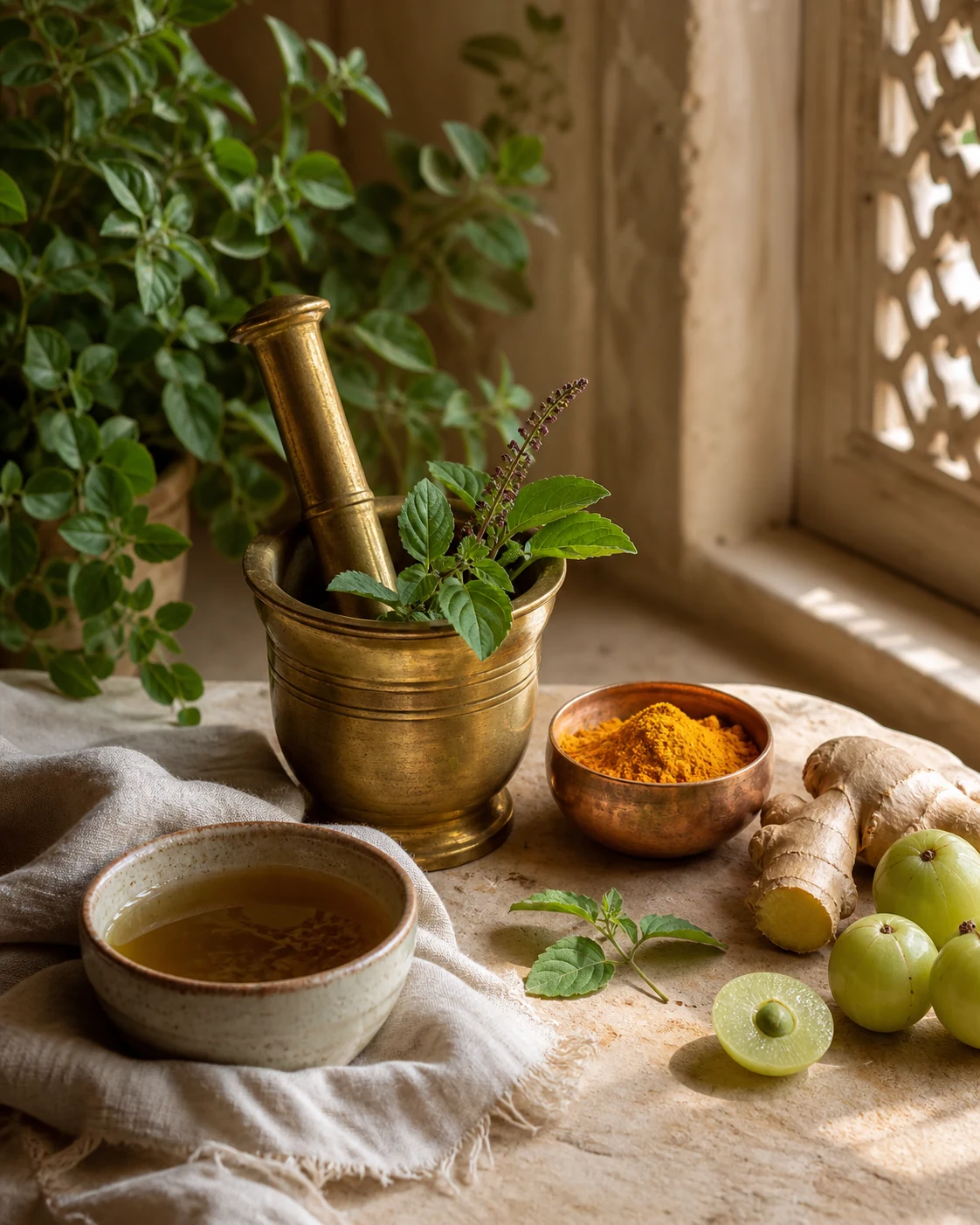 Brass mortar, tulsi leaves, turmeric, ginger, amla and herbal infusion in warm morning light